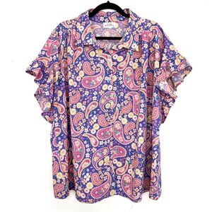Emily Wonder Purple Colorful Paisley Floral Button Down Shirt Ruffle 2X zq